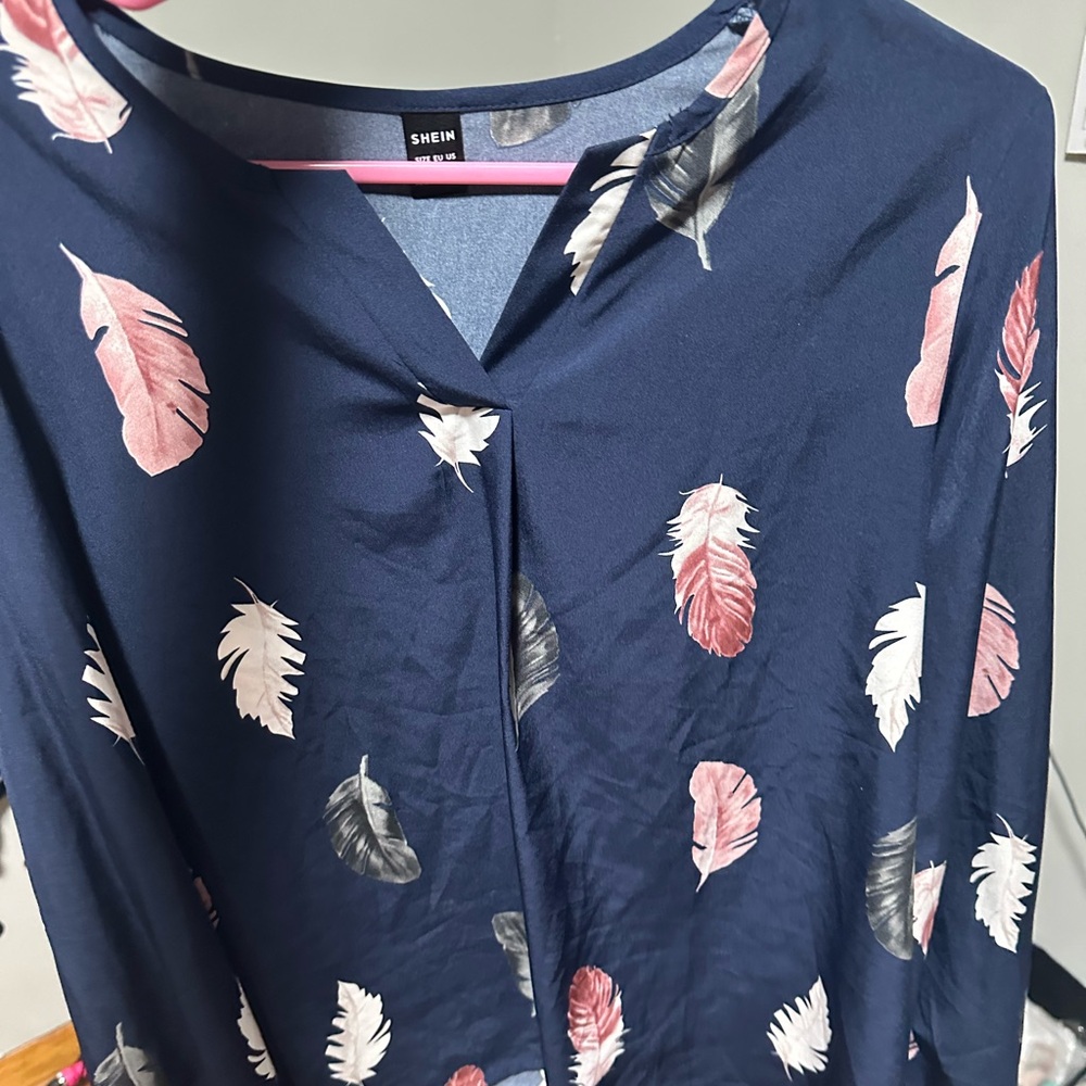 Blue and Pink Feather Print V-Neck Blouse